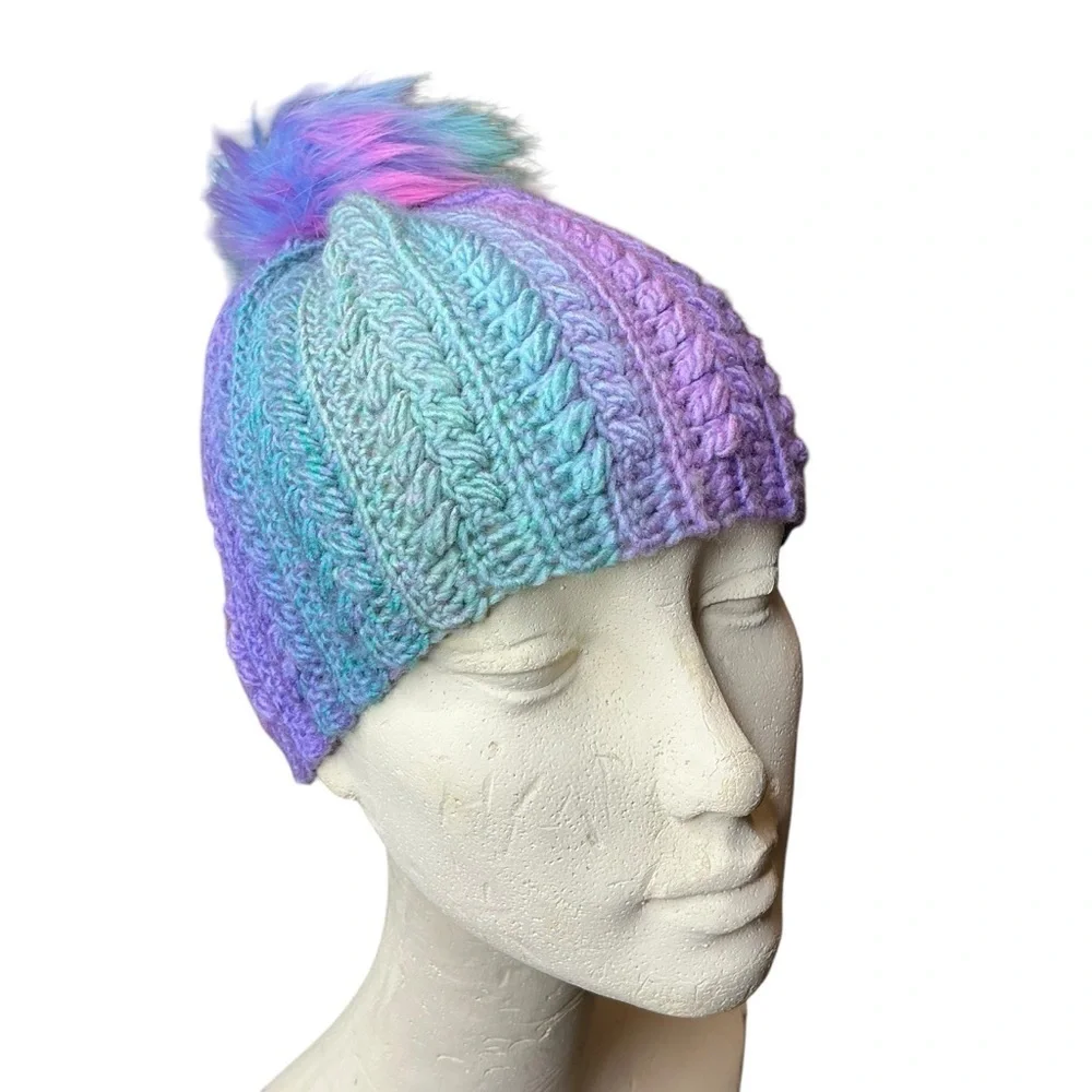 Handcrafted Crochet Winter Hat Blue Purple Snowy Wheat Knit Beanie with Pom Pom